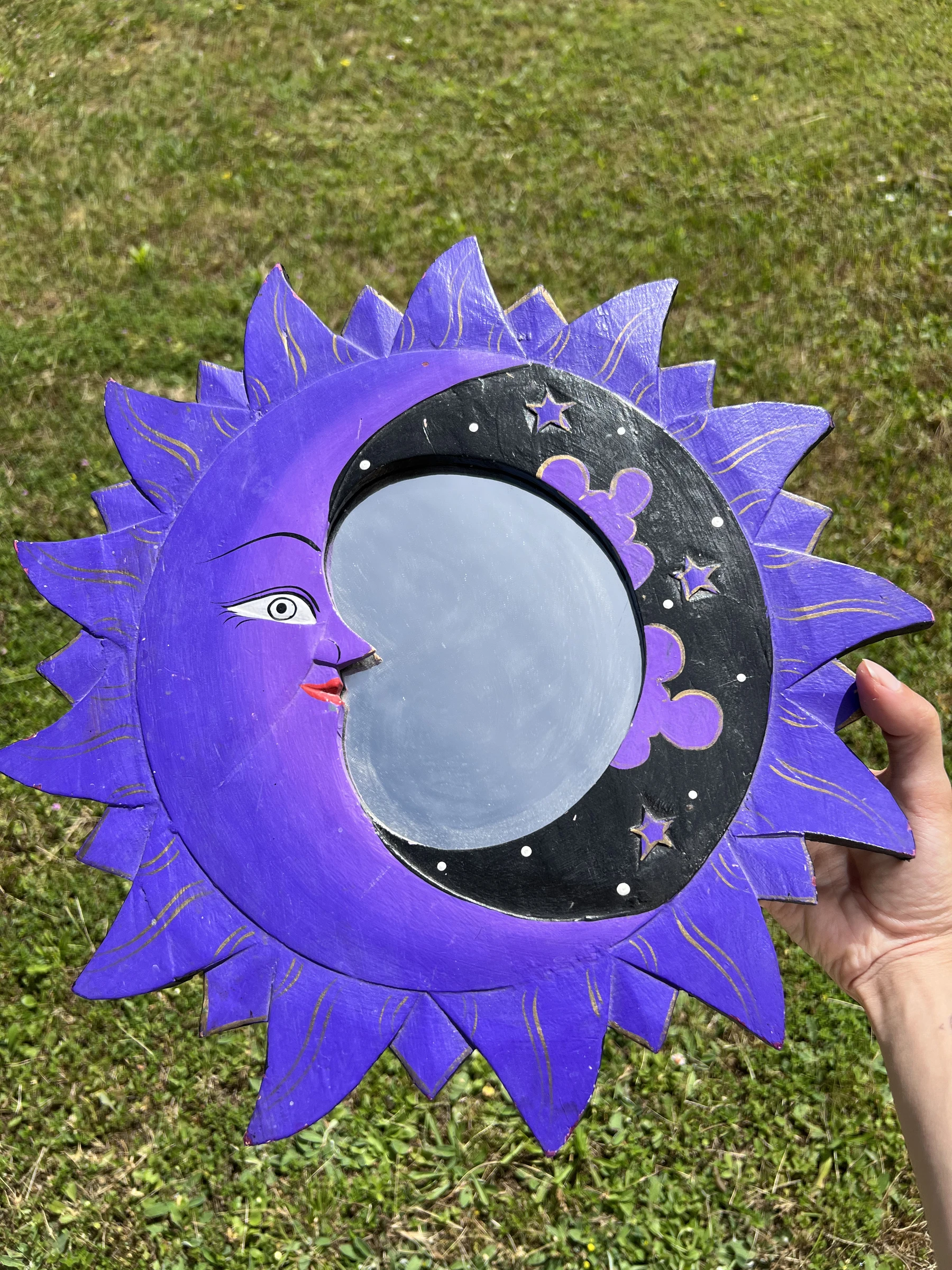 🌙 Miroir Soleil & Lune en bois peint main 37,5 cm – Déco bohème mystique